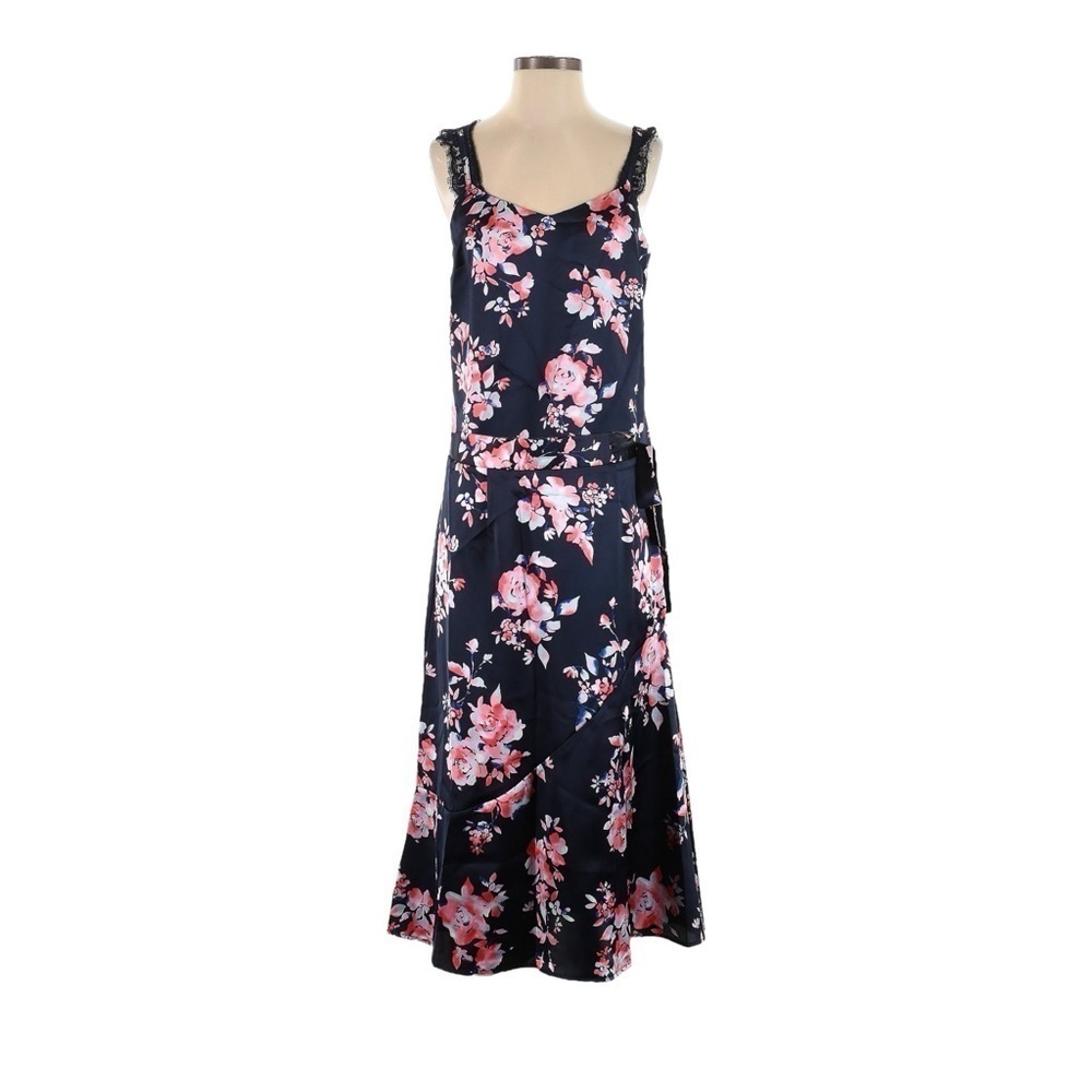 Laundry by Shelli Segal Skirt Set NWT S Navy Floral Satin Lace Cami & Midi Skirt